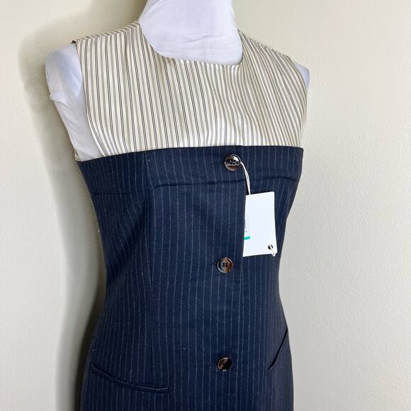 Erika Cavallini Sheath Shirt Dress 8 Pinstriped Button Front Midi Navy Wool New - Picture 4 of 12